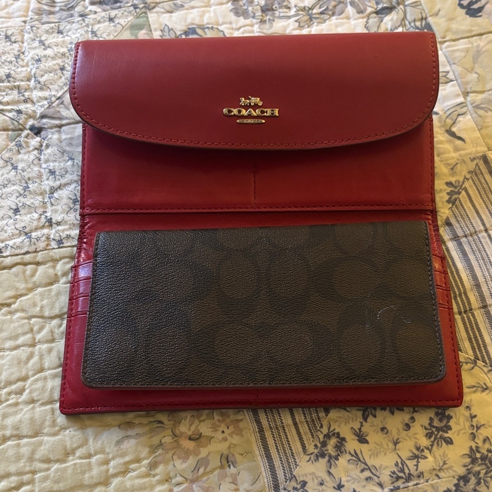 Coach Red Leather Foldover Wallet with Signature Brown Canvas Panel